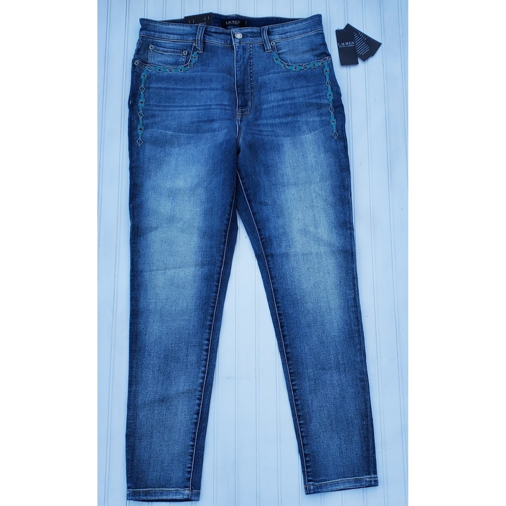 NWT Ralph Lauren Beaded Stretch Women's Jeans Mojave Blue Size 12 Skinny Ankle